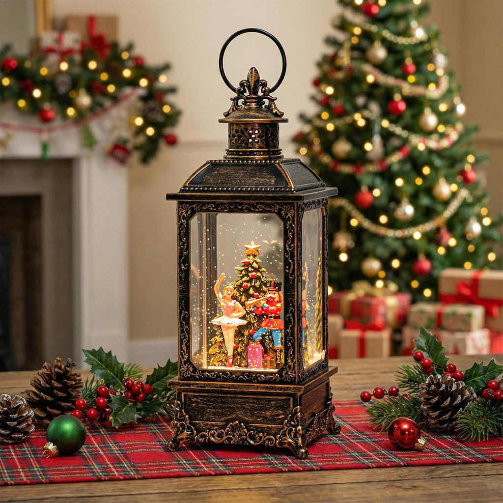VISFLAIR Christmas Snow Globe Lantern - Musical Nutcracker & Ballerina Decoration | Battery or USB Powered