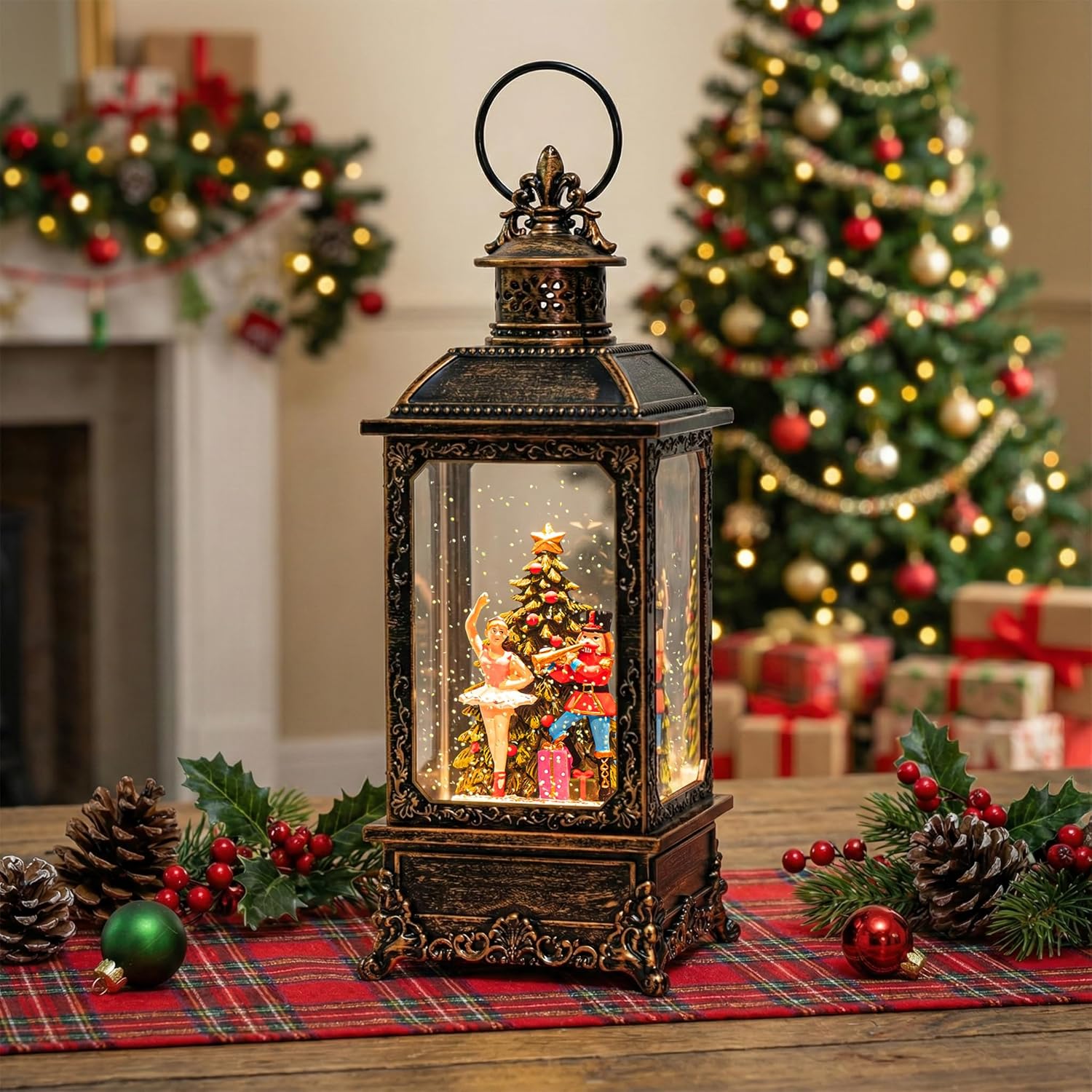 VISFLAIR Christmas Snow Globe Lantern - Musical Nutcracker & Ballerina Decoration | Battery or USB Powered