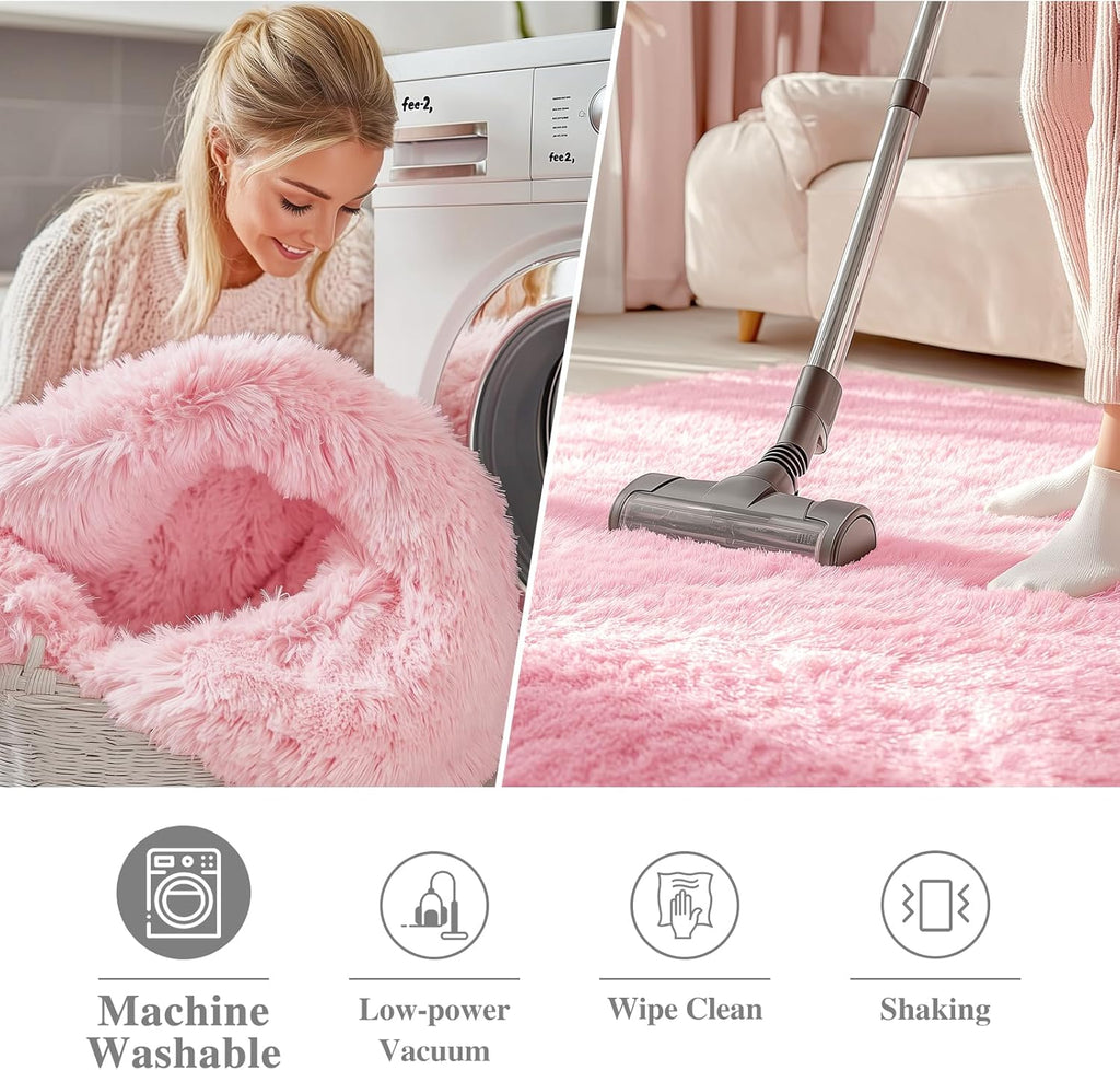 OLANLY Pink Round Rug - Soft, Fluffy Shaggy Carpet for Bedroom | 4 ft Machine Washable Area Rug