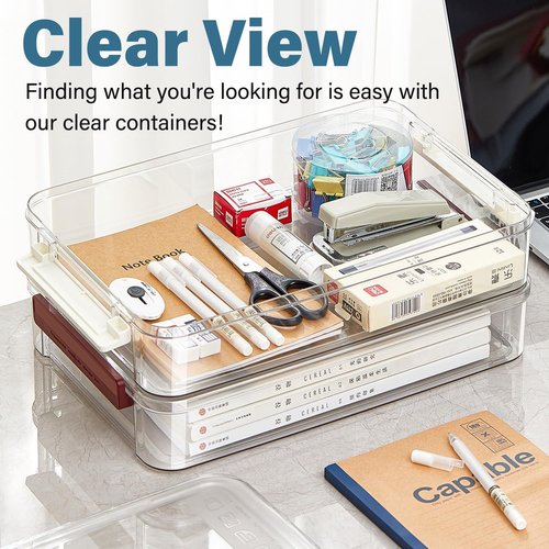 Clear Plastic Storage Box - 4 Pack 5.5qt Snap-Tight Latch | Stackable Organizer for A4 Files, Photos & Crafts