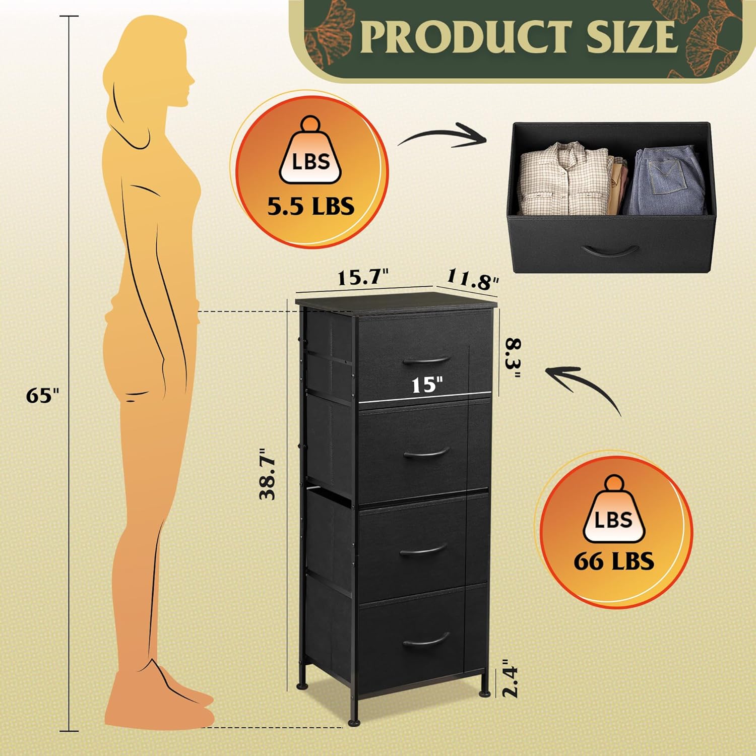 WLIVE Dresser - 4 Drawer Fabric Storage Tower with Sturdy Steel Frame | Charcoal Black