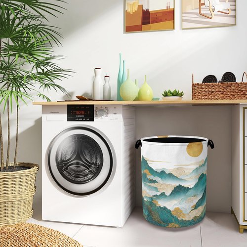 Abstract Mountains Laundry Basket,Golden Sun Foldable with Handles Tote Bag Oxford Cloth for Bathroom Bedroom Dirty Clothes Storage Bucket 16" x 20.8"