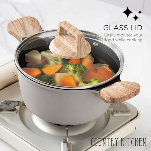 Country Kitchen Nonstick Pots and Pans Set - 14-Piece Cast Aluminum Cookware in Grey with Utensils