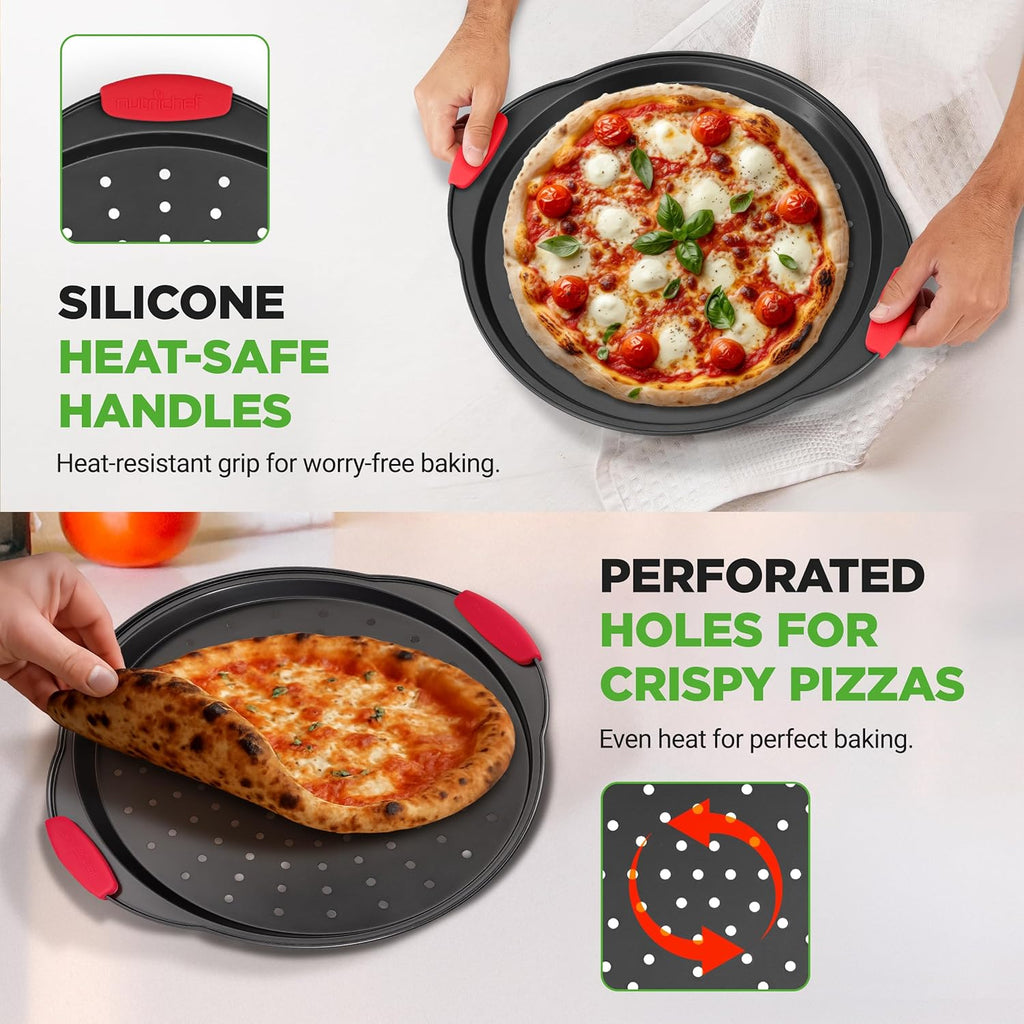 NutriChef 13-Inch Nonstick Pizza Tray | Round Carbon Steel Pan with Perforated Holes & Silicone Grip Handles