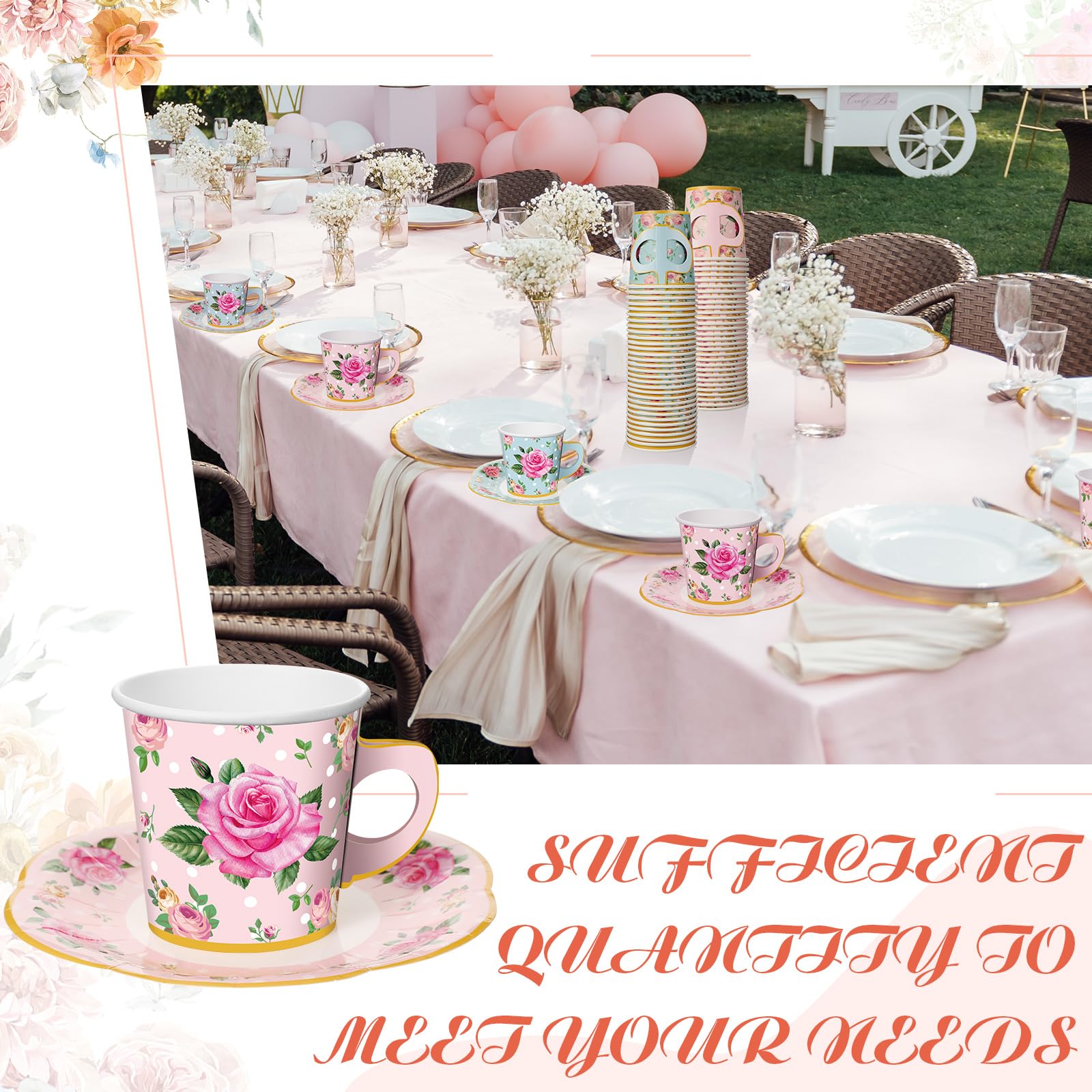 Umigy 60 Sets Mother's Day Tea Party Decorations 9 oz Floral Paper Teacups & Saucer Set for Girls Women Tea Parties Mothers Day Bridal Shower Wedding Birthday Party Decorations(Pink, Blue)