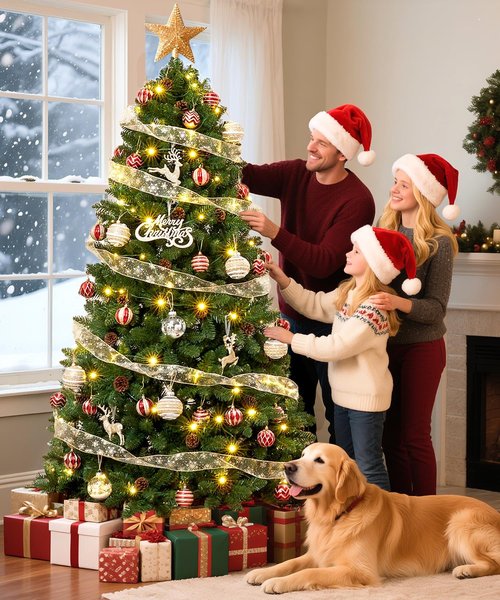 Decoway 6FT Artificial Christmas Tree: Unlit Green Xmas Pine with Pinecones and Metal Stand for Indoor - Holiday Decoration for Porch Living Room Easy Assembly