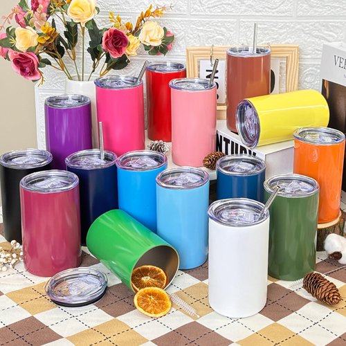 YOUKE OLA 16 Pack Stainless Steel Skinny Tumblers 12oz - Bulk Straight Double Wall Vacuum Insulated Tumbler with Lid and Straw for Travel, DIY, 16 Colors