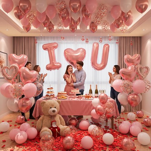 I Love You for Her/Him Balloons 87pcs Light Pink and White Rose Gold Balloon kit Include Heart Shaped Balloons and 400pcs Red Artificial Rose Petals for Romantic Hotel Decoration Valentines Party Kit