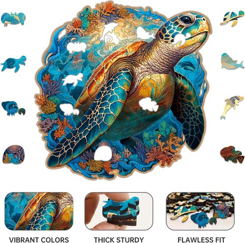 Coral Sea Turtle Jigsaw Puzzle by Wooden Puzzle - 200 Pieces | Fun Family Game Gift, Unique Shape, 11 x 11 Inch