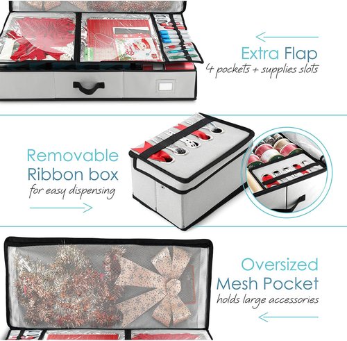 Hearth & Harbor Wrapping Paper Storage Container - Christmas Gift Wrap Organizer with Ribbon Dispenser | Holds 26 Rolls Up to 40" Long, Silver