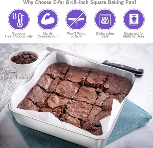 E-far Baking Pan Set | 8 x 8-Inch Square Stainless Steel Bakeware | Non-Toxic & Dishwasher Safe, Set of 3