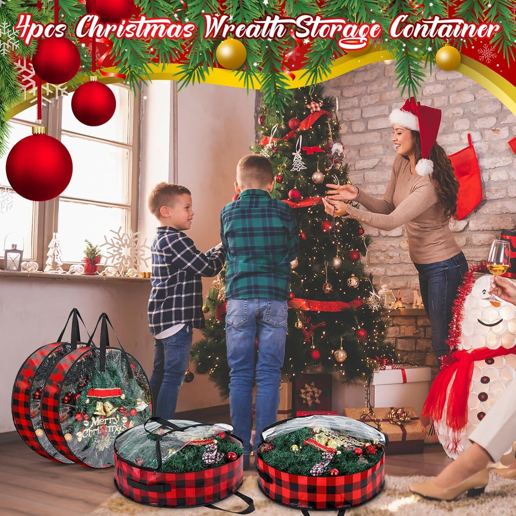 Shappy Christmas Wreath Storage Bag - 4 Pcs with Clear Window & Handles | Red Black, 24 Inch