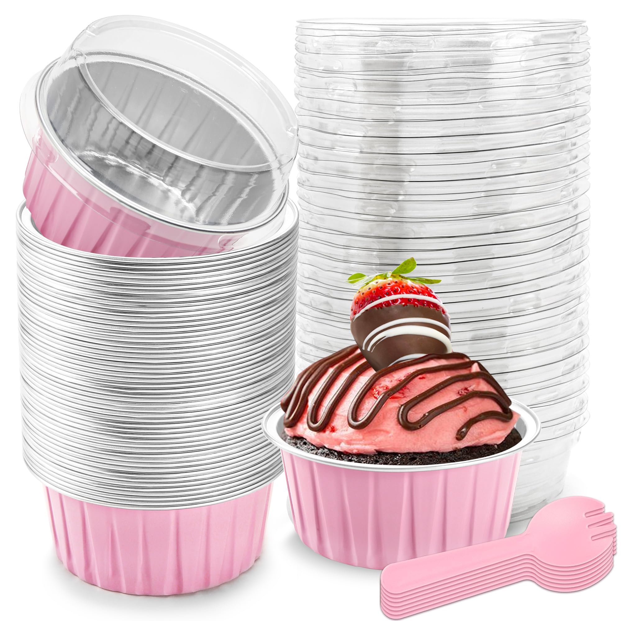 NPLUX 5 OZ Mini Loaf Pans with Lids Mini Cake Pans Baking Cups Disposable Ramekin for Cupake Pudding Party Wedding Birthday(50 Pack, Pink)