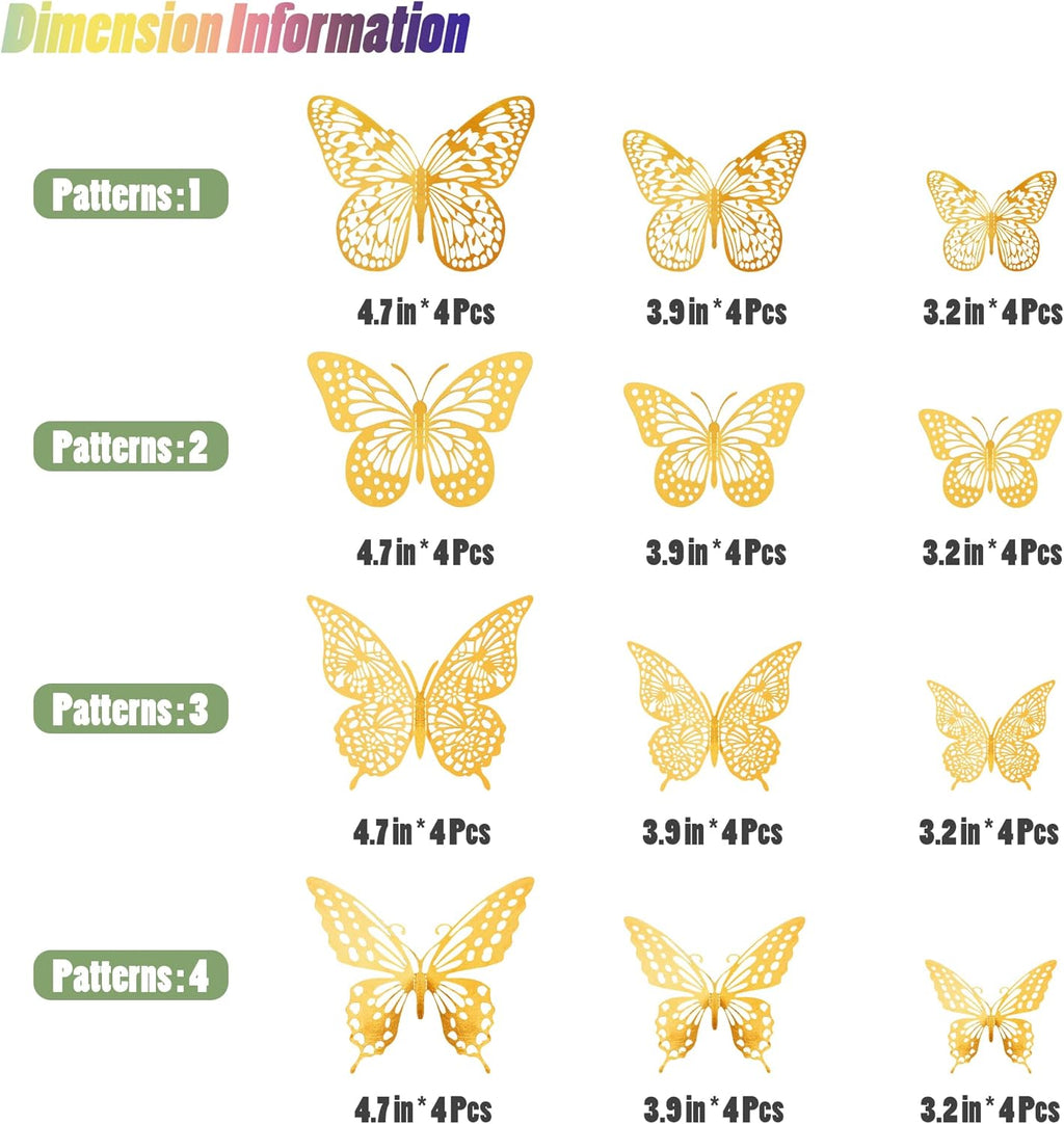 SAOROPEB 3D Butterfly Wall Decor - 48 Pcs in 4 Styles & 3 Sizes | Gold Removable Stickers for Parties