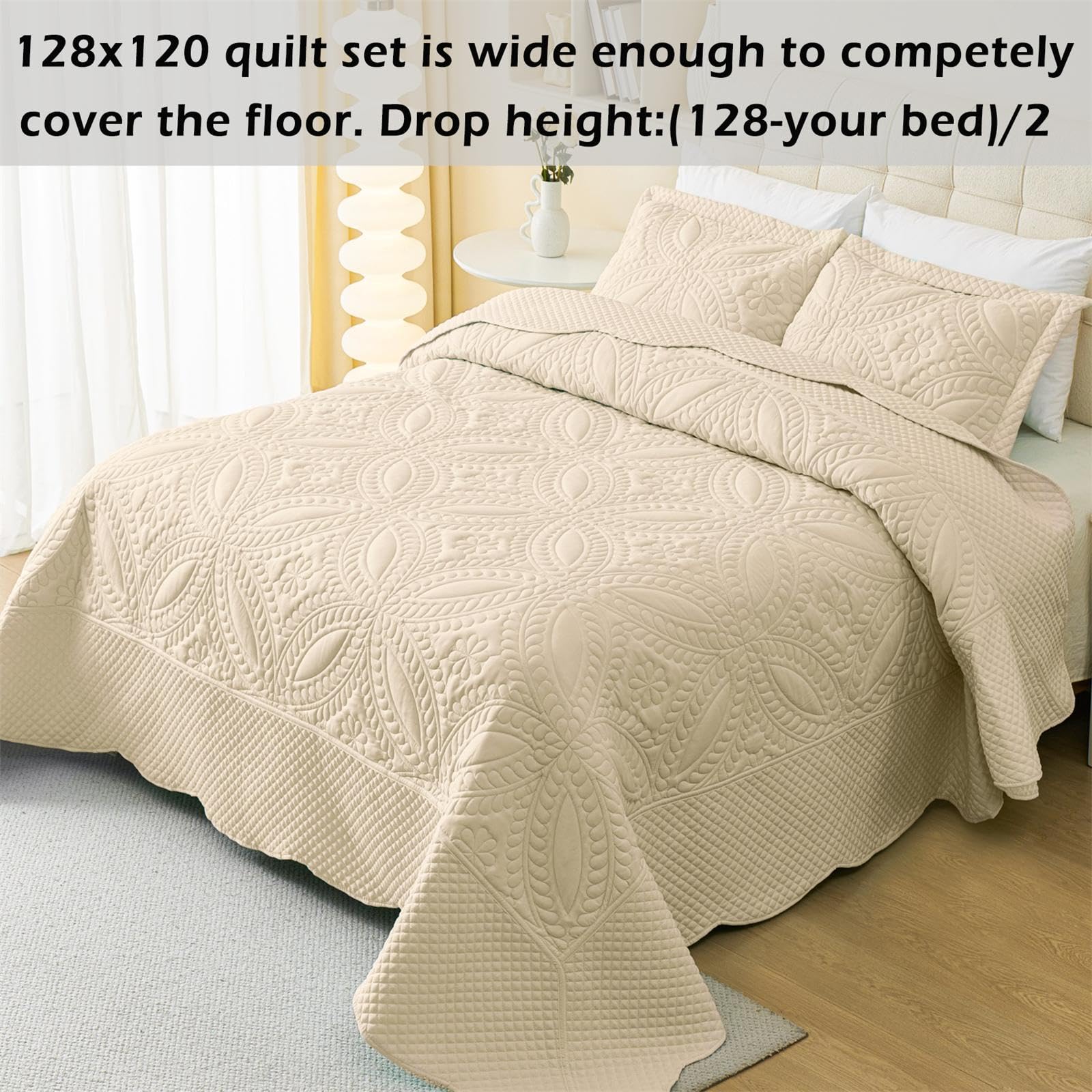Cmfshape Oversize King Bedspread 128"x120",3 Piece California King Quilt,Lightweight Bed Quilt Set for All Season,Modern Geometric Pattern Bedding Set Beige
