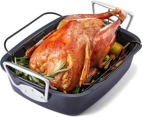 HONGBAKE Extra Large Nonstick Turkey Roasting Pan - 18.7x13.6 Inch Heavy Duty Steel with Rack & Wider Handles