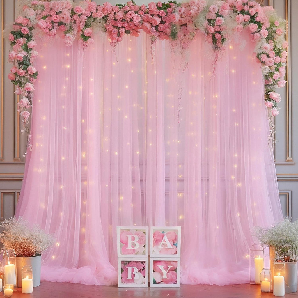 Skiennix 10ft x 10ft Pink Backdrop Curtain - Sheer Tulle with String Lights for Weddings & Parties
