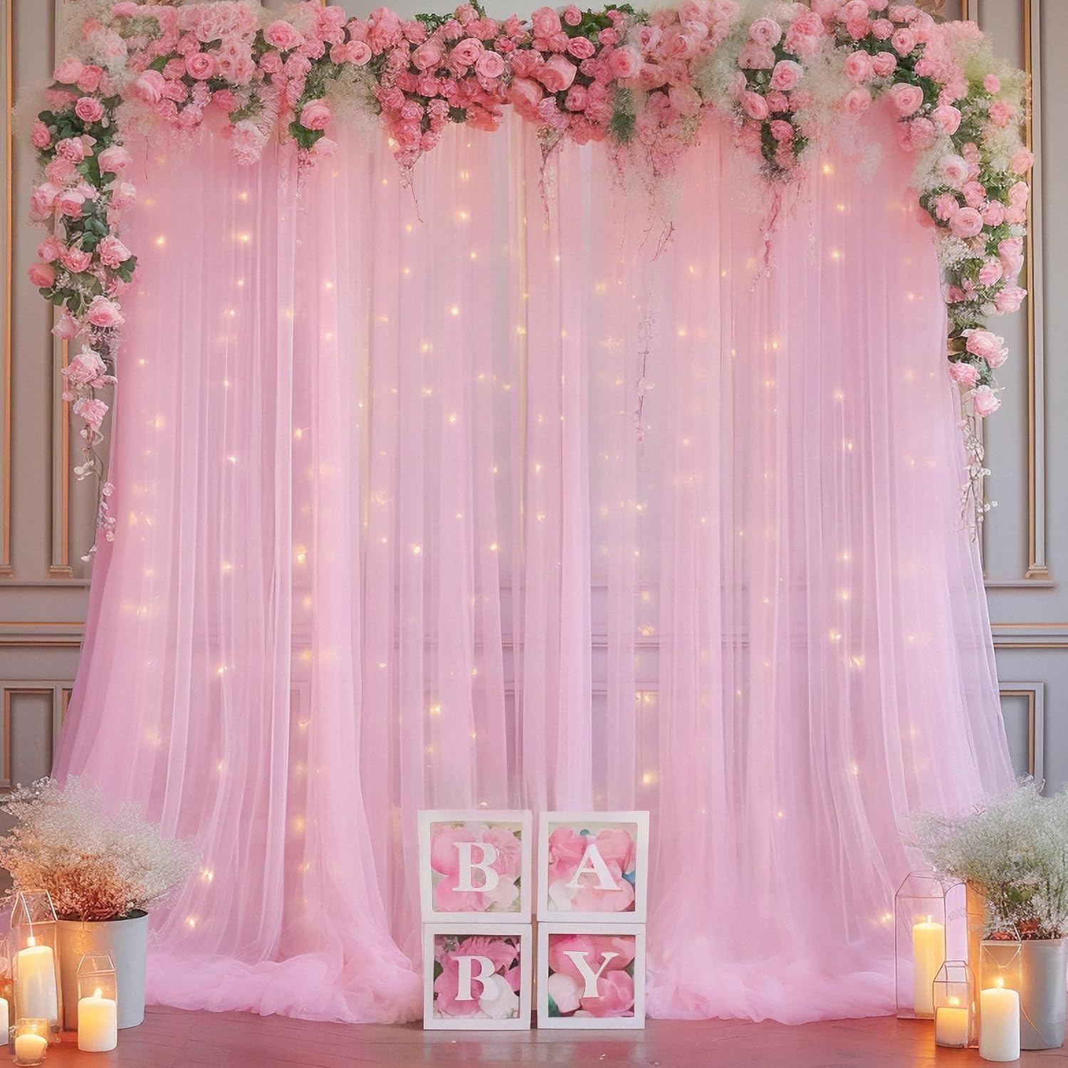 Skiennix 10ft x 10ft Pink Backdrop Curtain - Sheer Tulle with String Lights for Weddings & Parties