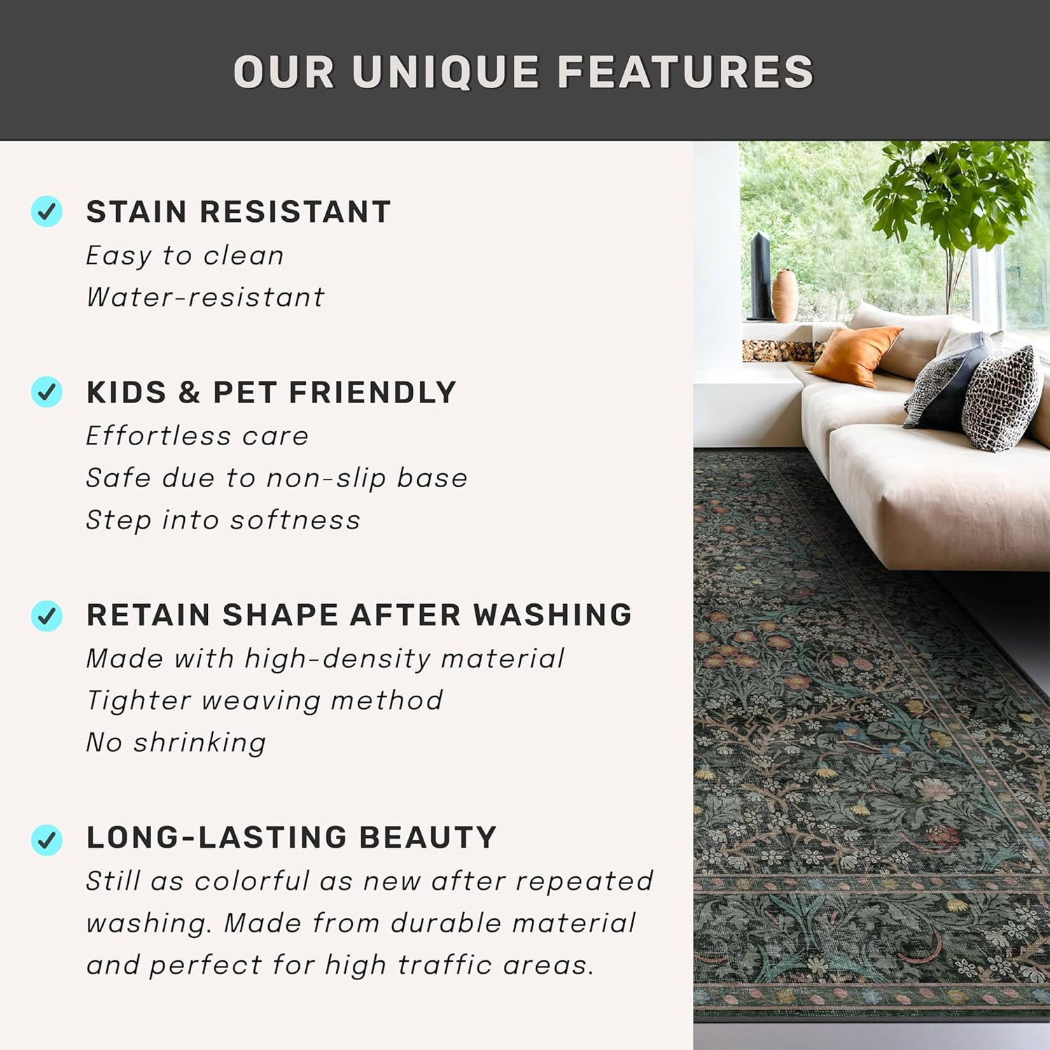 Skiennix Vintage Dark Green Area Rug - Washable 8x10 Oriental Carpet for Living Room & Dining Room