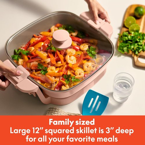 Bella Make & Take Electric Skillet - EverGood™ Ceramic Coating, Adjustable Temperature, 1200W, Blossom Color
