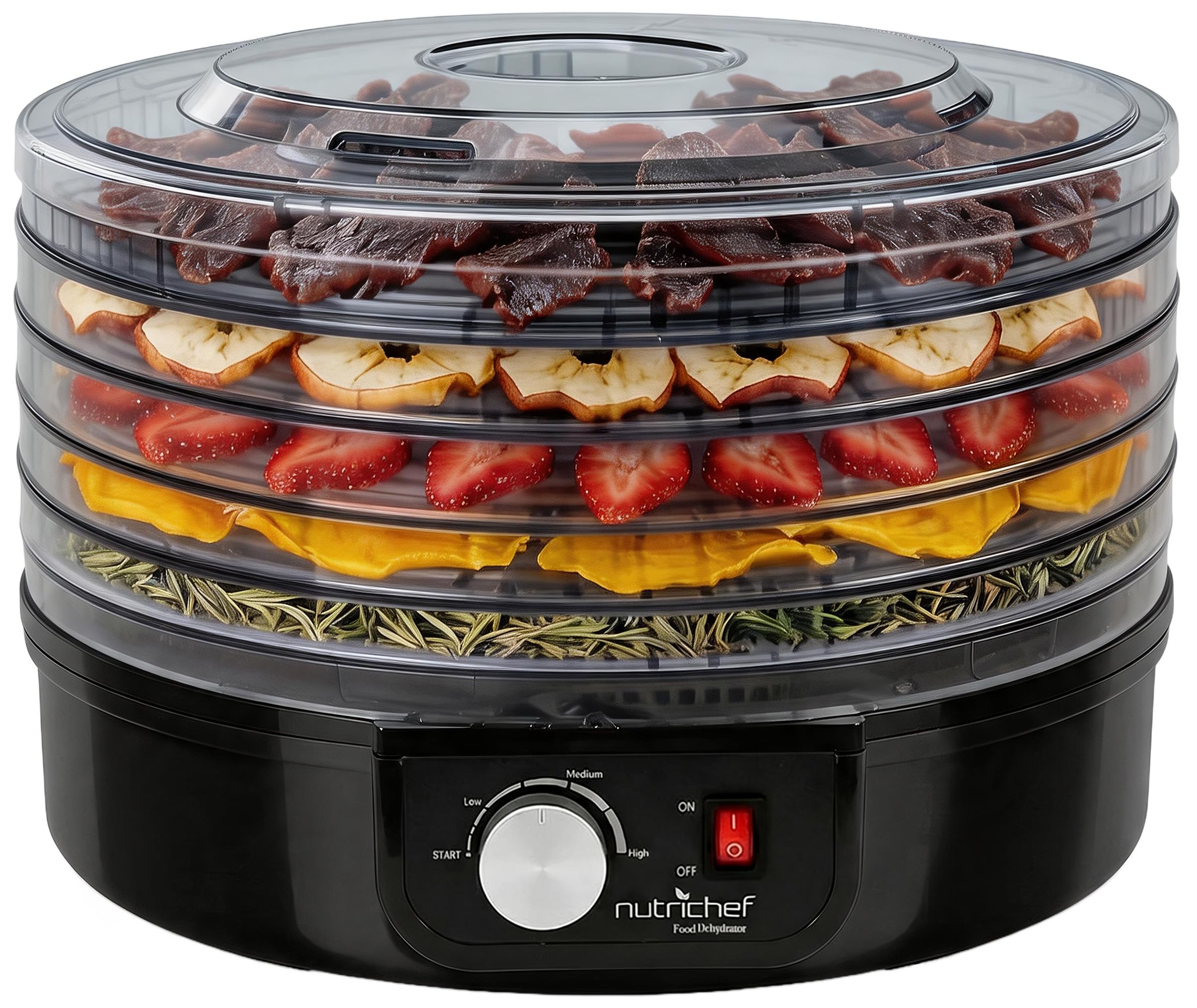 Nutrichef Electric Countertop Food Dehydrator | Professional Multi-Tier Food Preserver | Dehydrate Fish, Beef Jerky, Meats, Mushrooms, Fruits & Vegetables | 5 Stackable Trays for Easy Cleaning