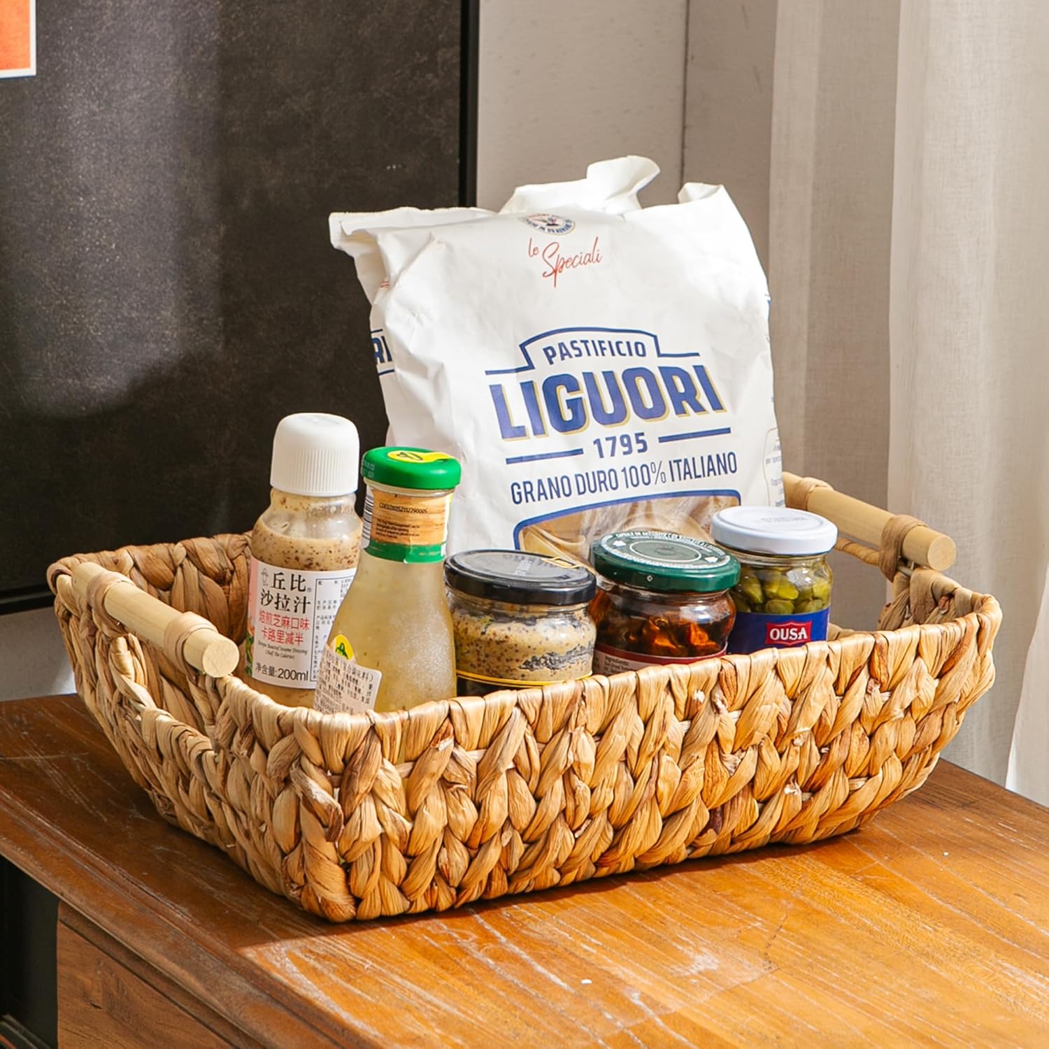 Mowtanco Woven Storage Baskets - Handwoven Water Hyacinth Baskets with Wooden Handles | Set of 2 Medium