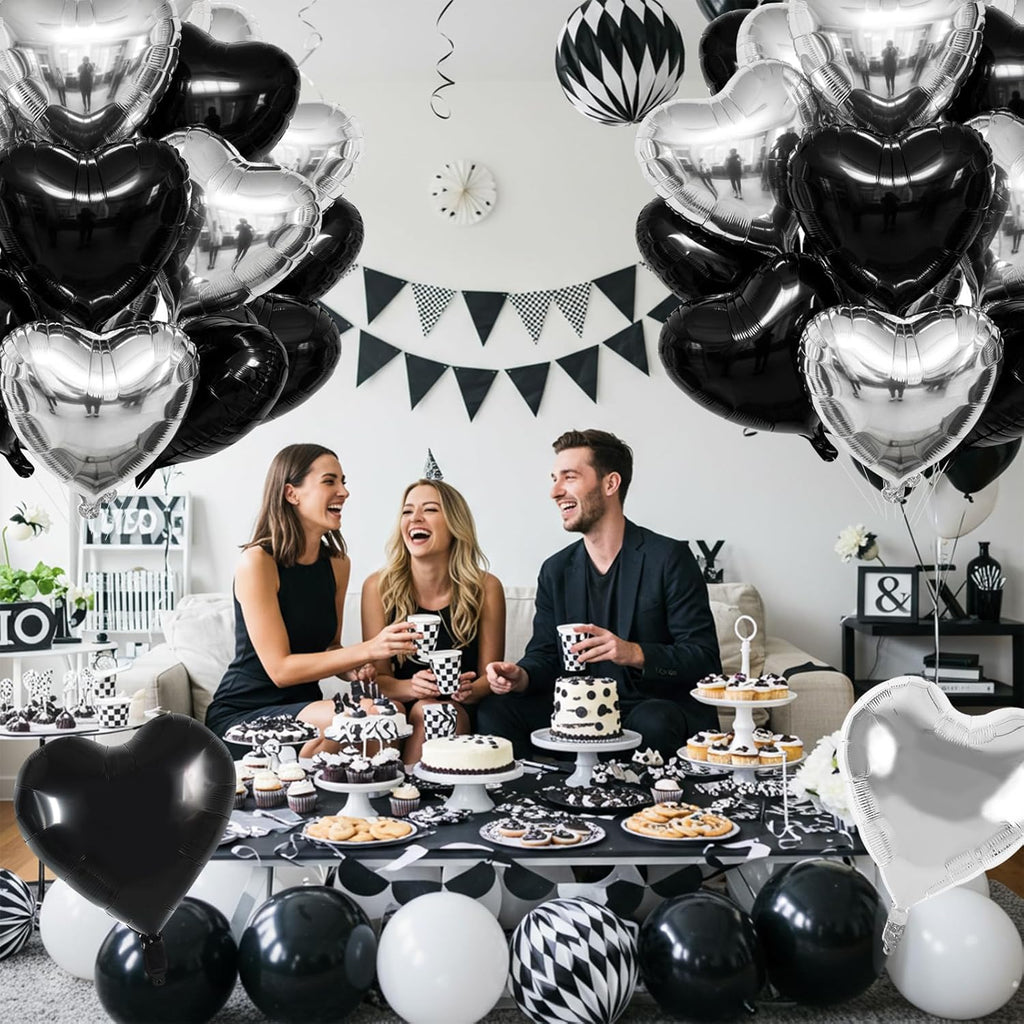 TONIFUL 30Pcs Black & Silver Heart Shape Foil Balloons - 18 Inch Party Decorations for Birthdays & Weddings