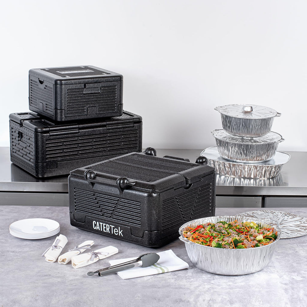 Restaurantware-Cater Tek 25 Quart Catering Hot Box, 1 Top Load Insulated Food Pan Carrier - Holds 1 Full Size 8” Deep Pan, Collapsible, Black EPP Plastic Food Box With Handles, Portable, For Buffet