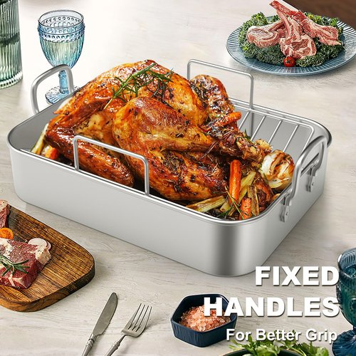 EWFEN Roasting Pan,17*13'' Stainless Steel Turkey Roaster with Rack - Deep Broiling Pan & V-shaped Rack & Flat Rack,Non-toxic & Heavy Duty,Great for Thanksgiving Christmas Roast Chicken Meat Lasagna