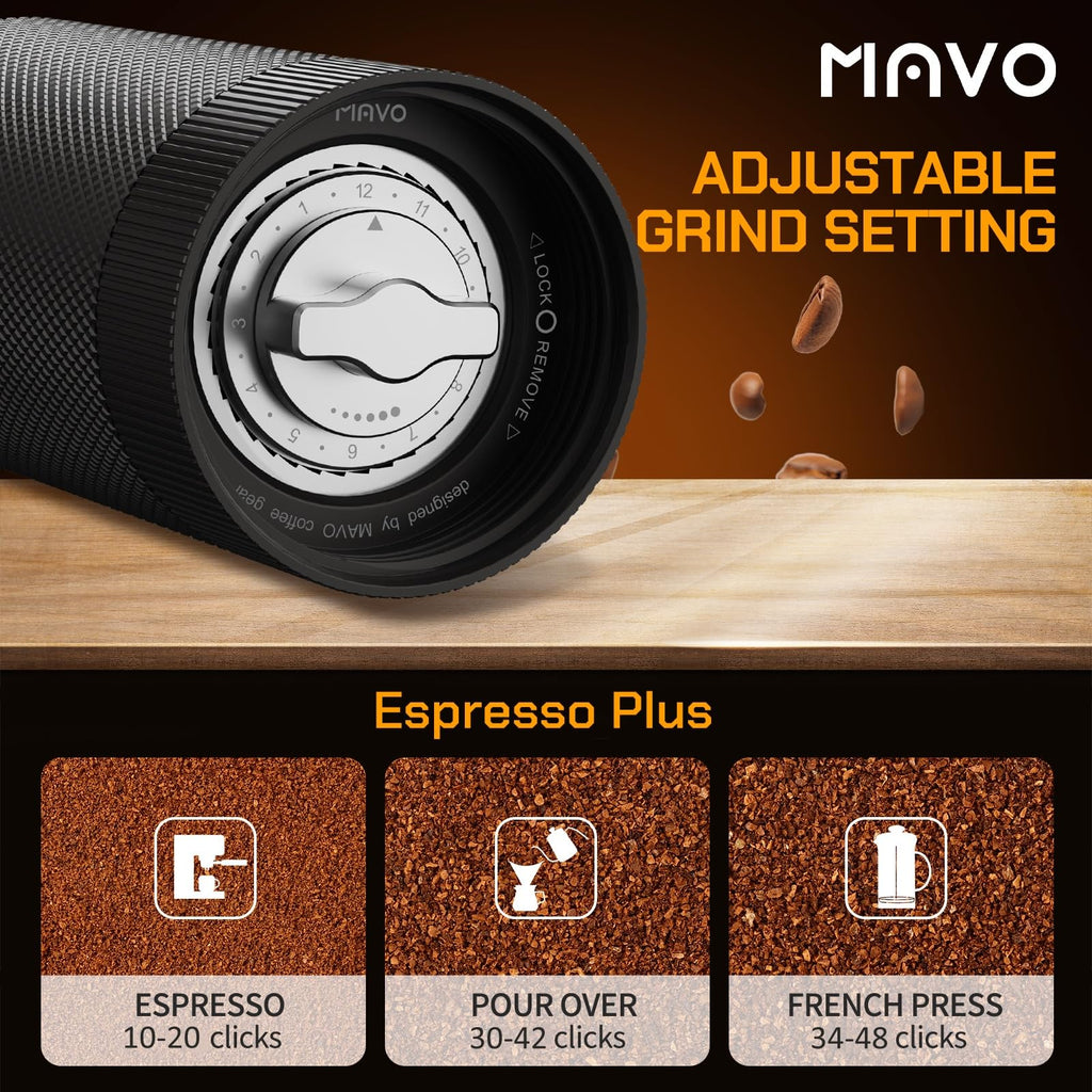 MAVO Manual Coffee Grinder, Wizard Hand Coffee Grinder, Capacity 25g with 2PCS CNC Stainless Steel Conical Burr -Pentagon and Hexagonal, Burr Coffee Bean Grinder for French Press, Pour Over, Black