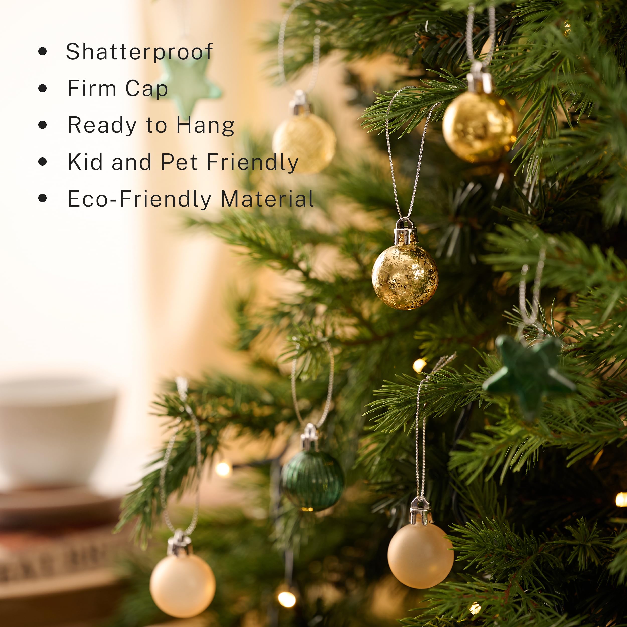 DecorbyHannah Mini Christmas Tree Ornaments, 35ct 1.18inches Green Gold Christmas Ball Ornaments for Tree Decorations, Small Clear Shatterproof Plastic Hanging Balls Bulk for Xmas, Party, Wedding