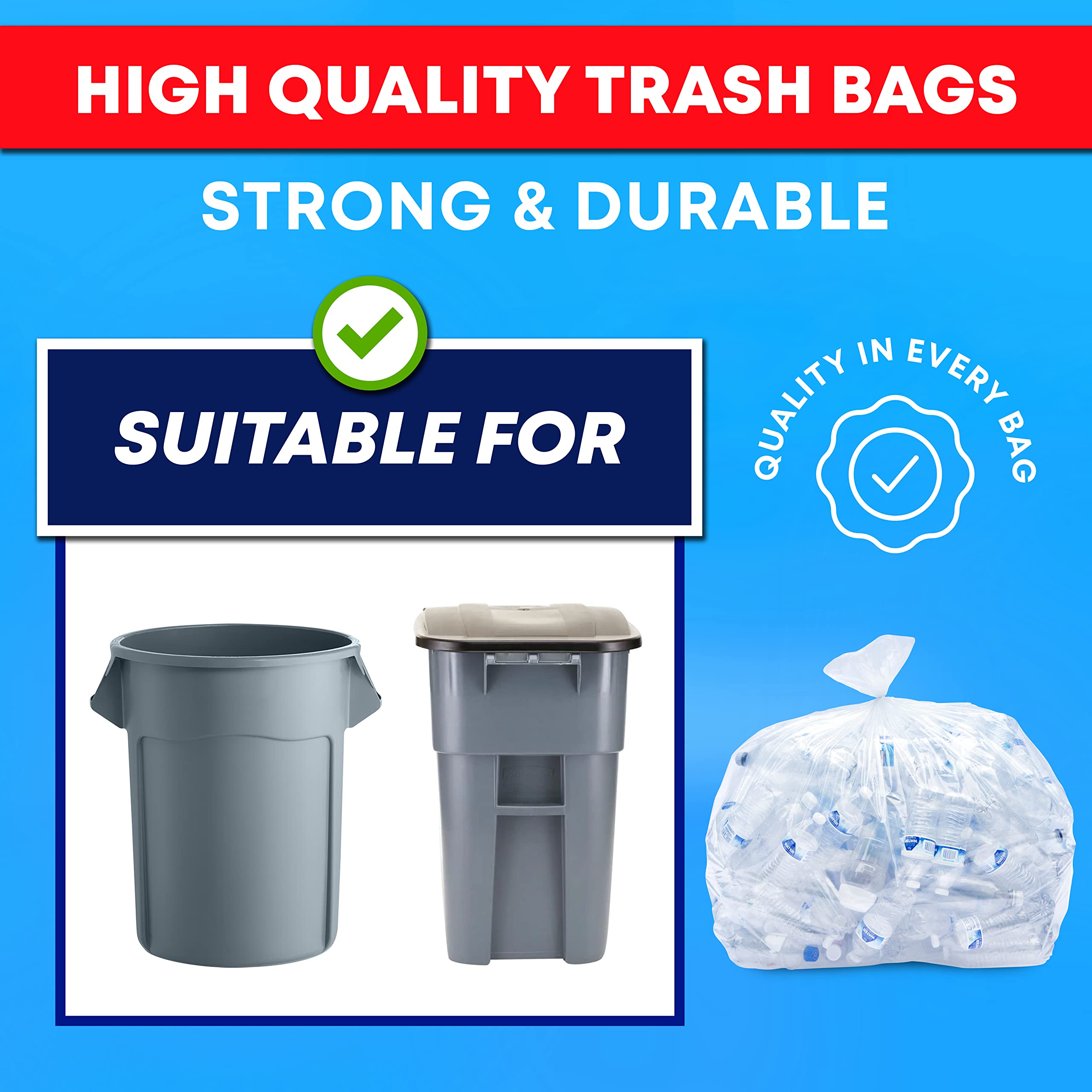 Veska 30-33 Gallon Clear Trash Bags Heavy Duty (Value Pack 100 Bags w/Ties) Large Clear Plastic Recycling Garbage Bags. Large Trash Bags 30+, 32 Gallon