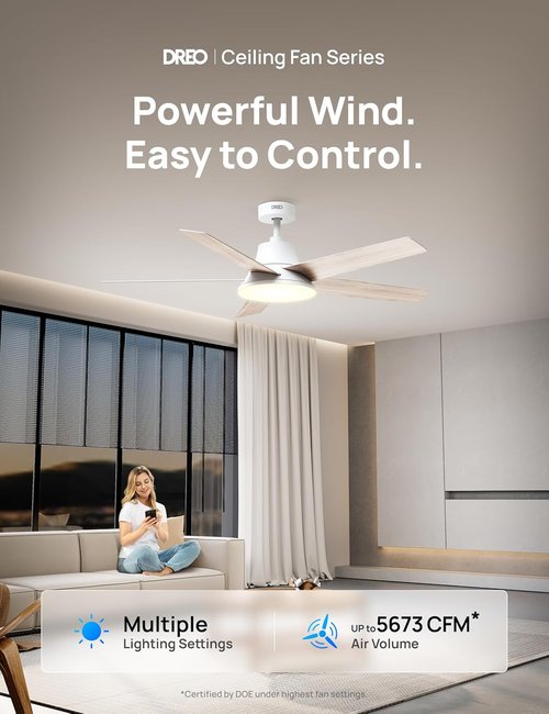 Dreo Smart Ceiling Fan - 52 Inch with Dimmable LED Light & 12 Speeds | Quiet DC Motor, Remote Control, White