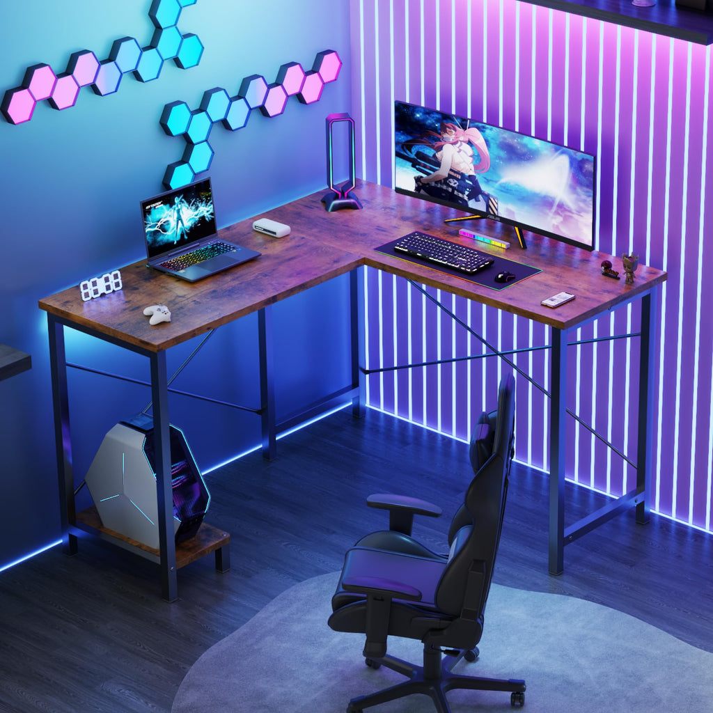 DUMOS L Shaped Desk Corner Computer Table 47 Inch, L-Shaped Gaming Desks with Storage Shelf Reversible, Wood Tables with Side Bag Adjustable Feet for 2 Monitors Small Space Home Office Bedroom, Brown
