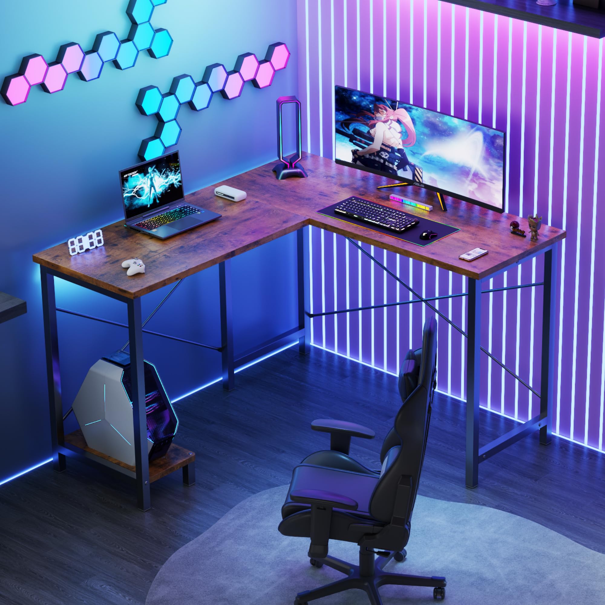 DUMOS L Shaped Desk Corner Computer Table 47 Inch, L-Shaped Gaming Desks with Storage Shelf Reversible, Wood Tables with Side Bag Adjustable Feet for 2 Monitors Small Space Home Office Bedroom, Brown