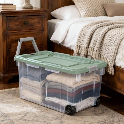 Extra Large Wheeled Storage Bin - 160 Quart Clear Container with Latch Lid & Pull Handle | Light Green, 2 Pack
