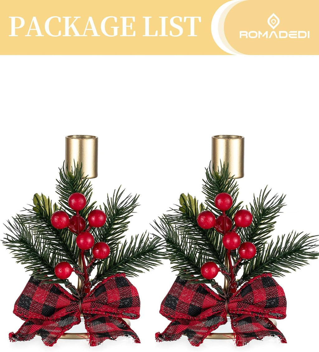 Romadedi Candle Holders - Gold Taper Candlestick Holders with Red Berry Decor | Set of 2 for Festive Christmas Centerpieces