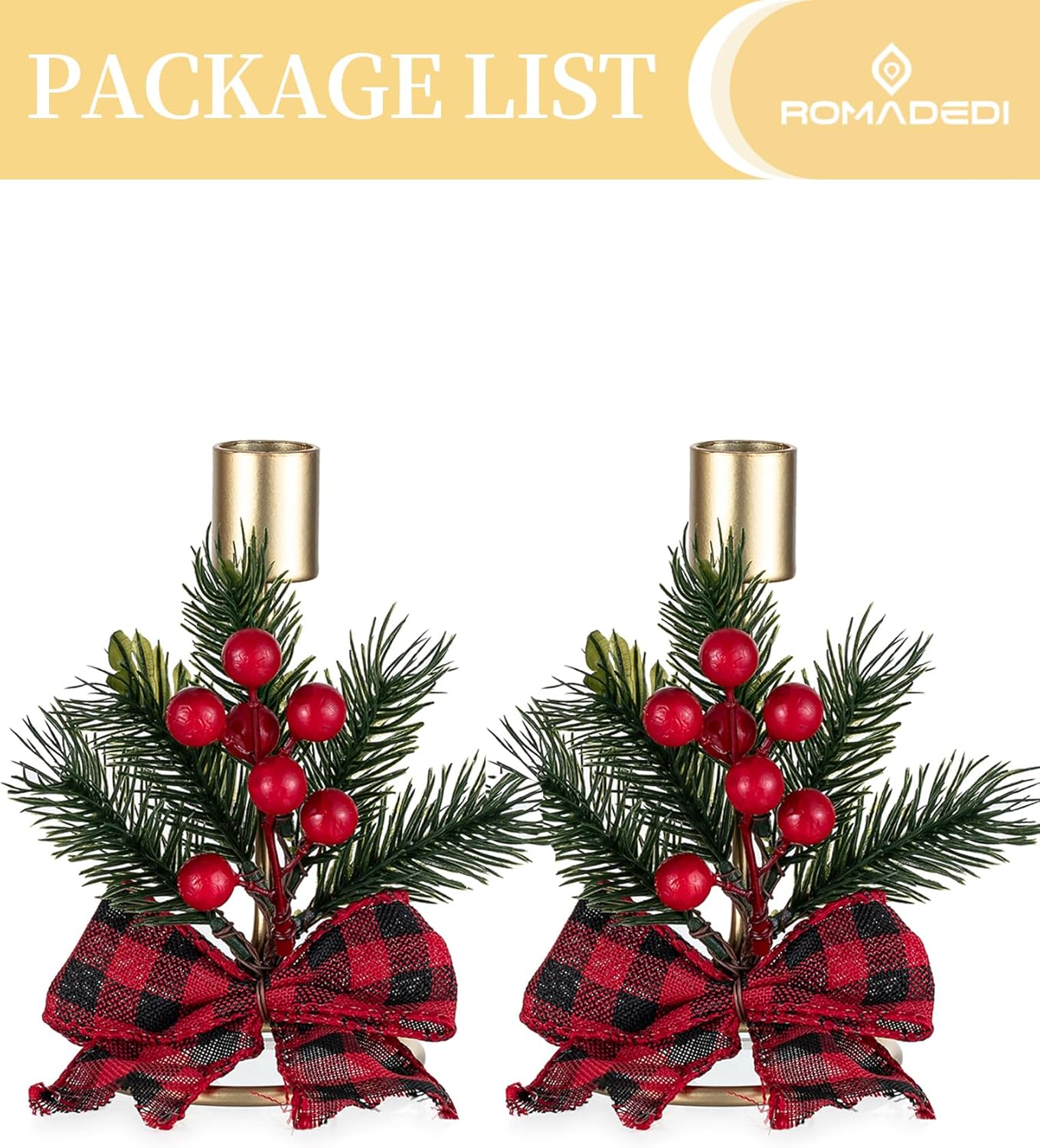 Romadedi Candle Holders - Gold Taper Candlestick Holders with Red Berry Decor | Set of 2 for Festive Christmas Centerpieces