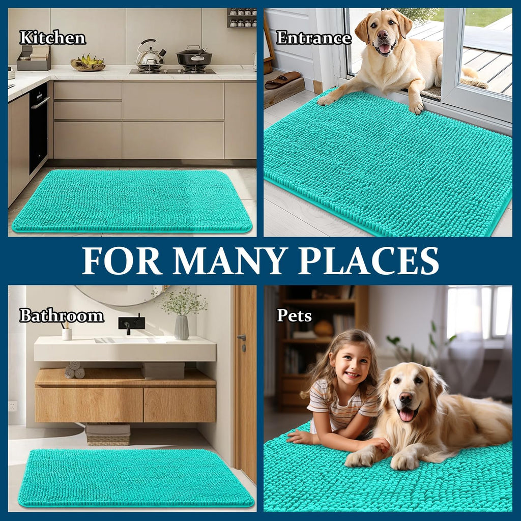OLANLY Dog Door Mat - Absorbent Non-Slip Chenille Mat for Muddy Paws | 70x46, Quick Dry, Teal