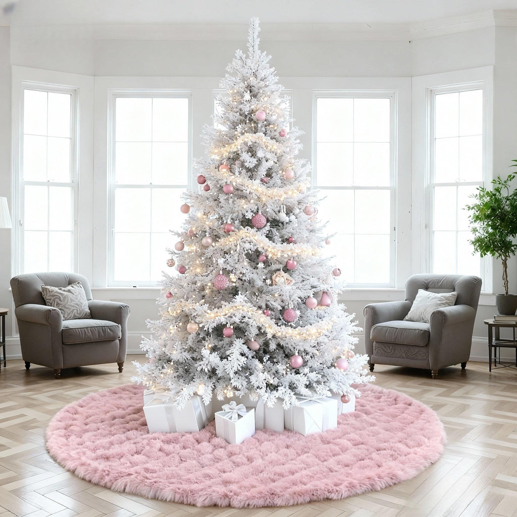 Pink Christmas Tree Skirt 72 Inch, Extra Large Faux Fur Tree Skirt, Thick Soft Plush Big Xmas Tree Skirts with Satin Ribbon Ties for Outdoor Indoor Merry Christmas Party 6/7/7.5/9ft Tree Decoration