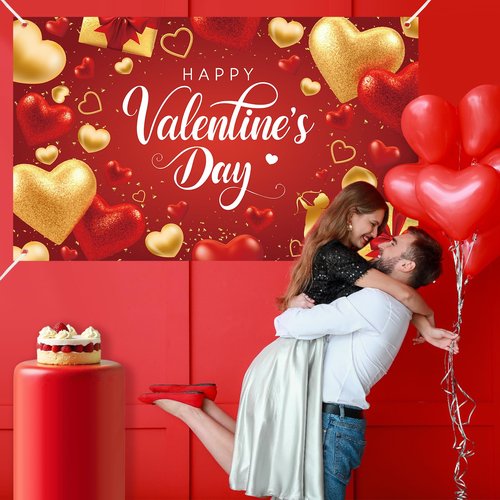 Happy Valentine's Day Backdrop Banner Decorations, Red and Gold Heart Romantic Love Happy Valentine's Day Signs Red Gold Background Valentines Day Anniversary Party Romantic Decor