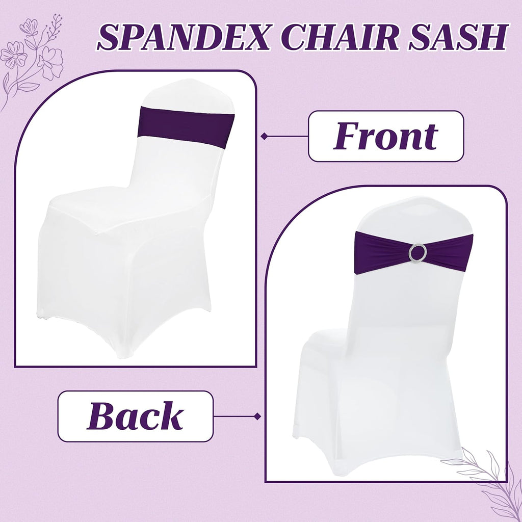 MDS Spandex Chair Sashes - Universal Elastic Stretch Bands with Buckle Slider Bow | 150 Pack - Purple