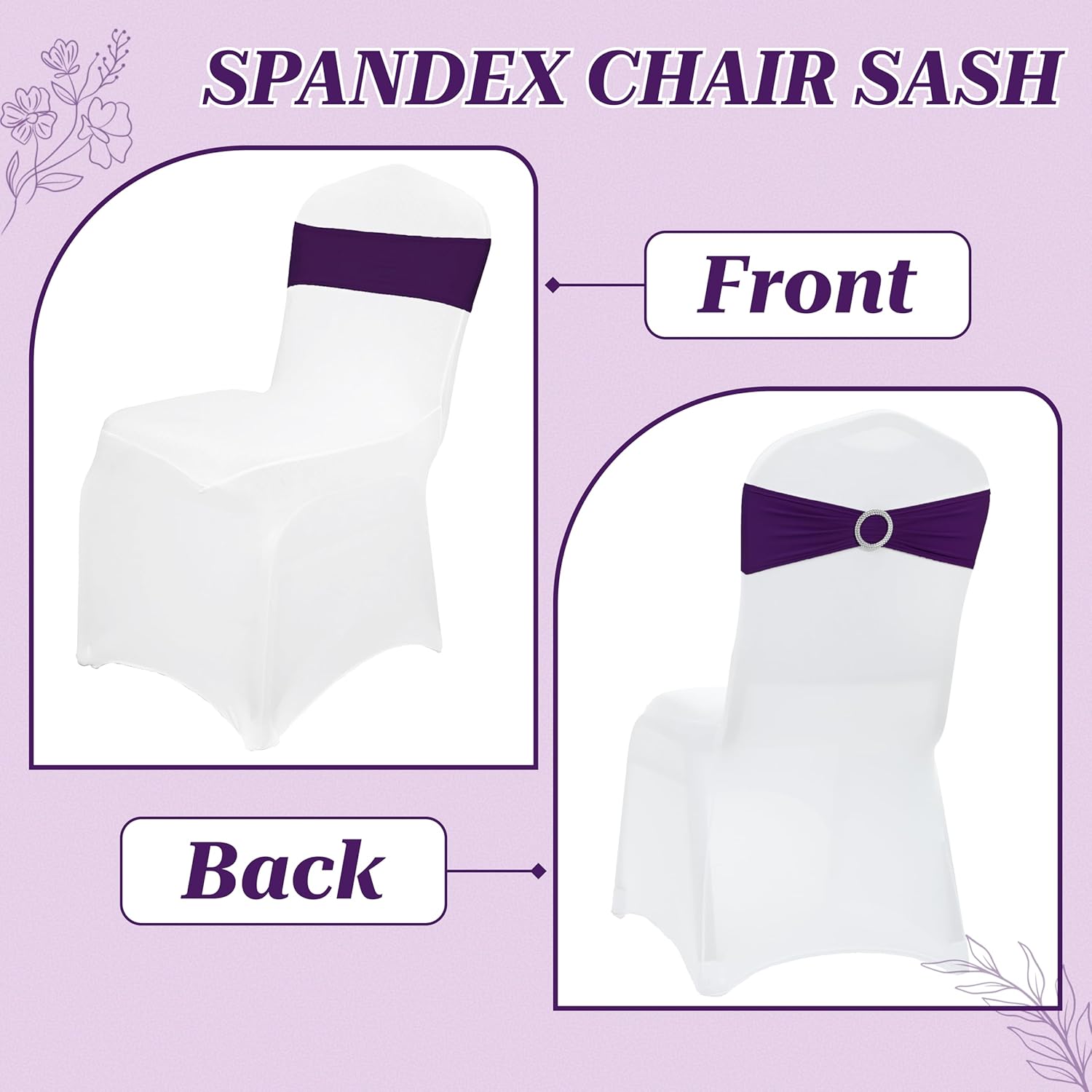 MDS Spandex Chair Sashes - Pack of 125 Elastic Stretch Bows with Buckle Slider for Wedding Decor - Purple