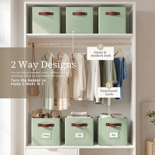 DECOMOMO Storage Bins - Fabric Cube Storage with Labels for Shelves | 10.5" x 11" | 6pcs, Sage Green