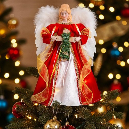 Christmas Angel Tree Topper with Light | 12” Christmas Tree Topper - Battery Operated - Natural Goose Feather - Red Dress Treetop Ornaments Indoor Decorations
