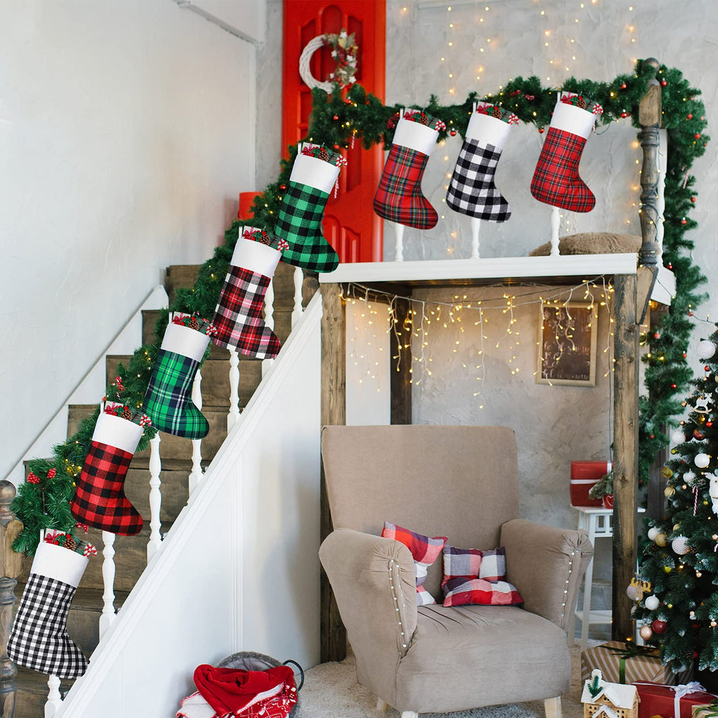 Tatuo 8 Pieces Buffalo Plaid Christmas Stockings Bulk Fireplace Hanging Stockings Xmas Indoor Outdoor Decorations for Family Party Christmas Tree(20 Inches)