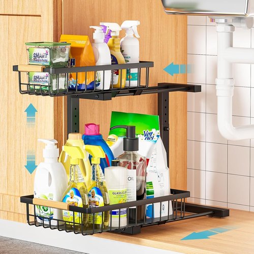 Liuoud Under Sink Organizer - 2-Tier Adjustable Pull-Out Cabinet Storage | Large Capacity Metal Rack, Black