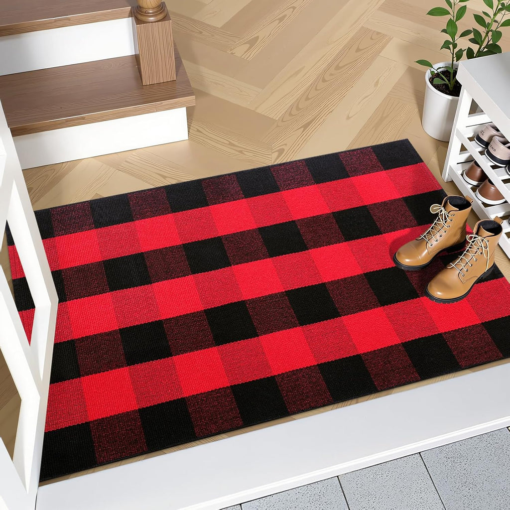 OLANLY Buffalo Plaid Rug - Washable Red and Black Checkered Doormat | 2'4" x 3'7" for Indoor/Outdoor Use