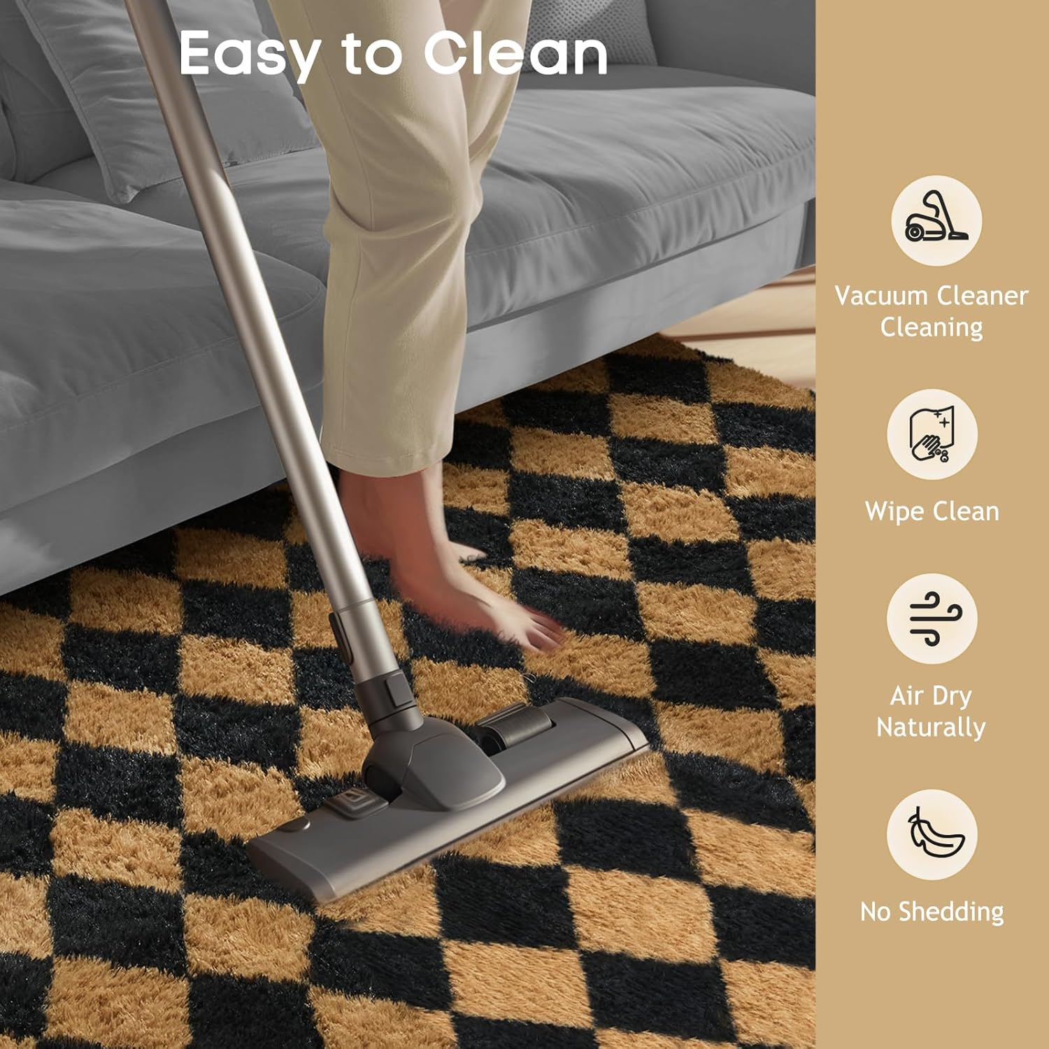 Ophanie Checkered Black & Beige Area Rug - Soft Fluffy Shaggy Carpet for Living Room & Bedroom | 4x6 Furry Design