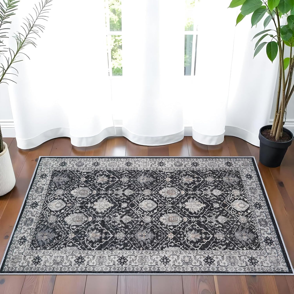 Skiennix Vintage Washable Area Rug - Soft Non-Slip Door Mat | Water-Resistant Low Pile (2x3, Black)